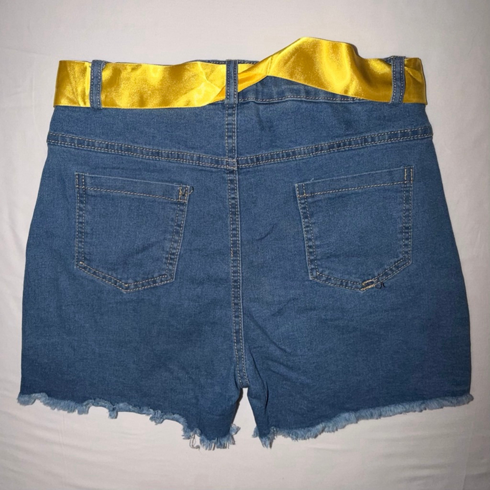 Girls L Distressed Sequin Denim Shorts Yellow Ribbon Belt Adjustable Waist Bling - Picture 2 of 6
